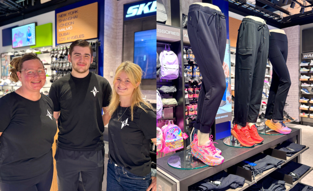 Bilden visar butikspersonal och miljö i Skechers-butiken på Triangeln