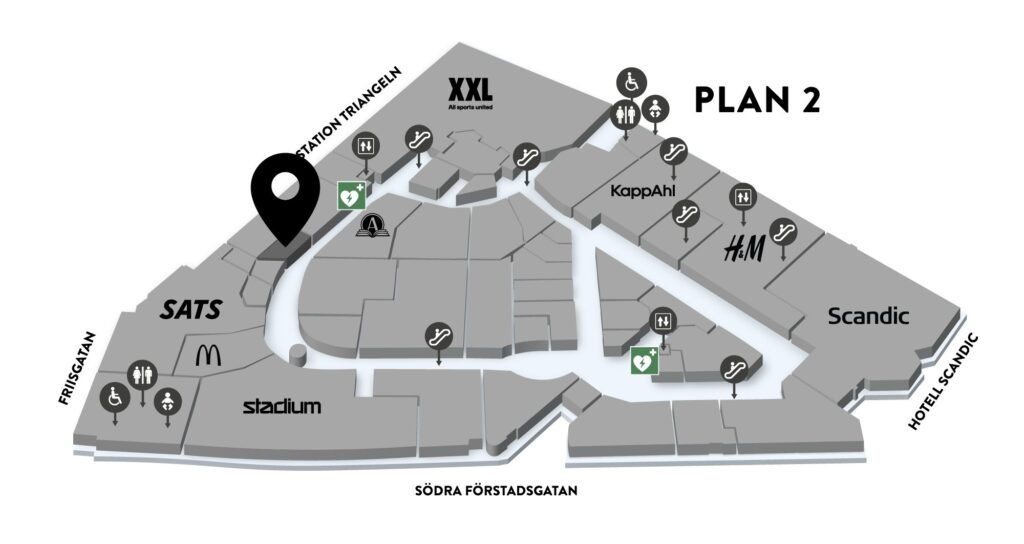 Bilden visar en karta över Triangelns plan 2. Där är en knappnål på ytan där du hittar Forex. Plan 2, sidan om Cobblers. 
